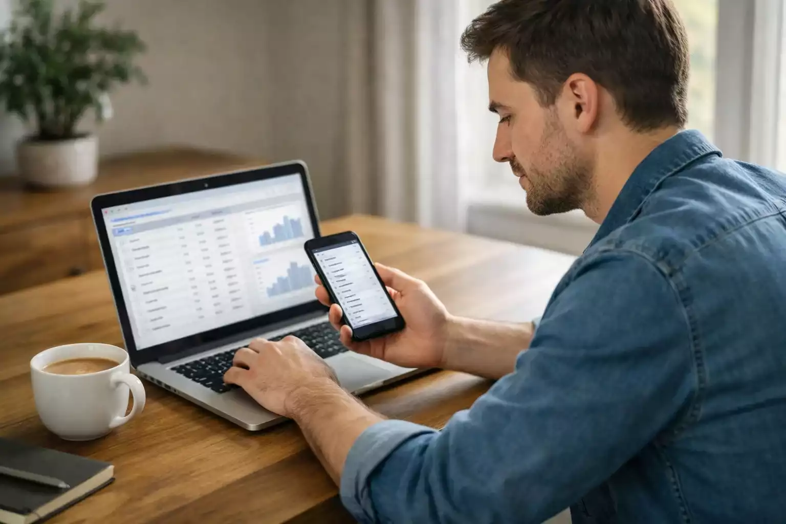 Person comparing rugby betting options on laptop and smartphone
