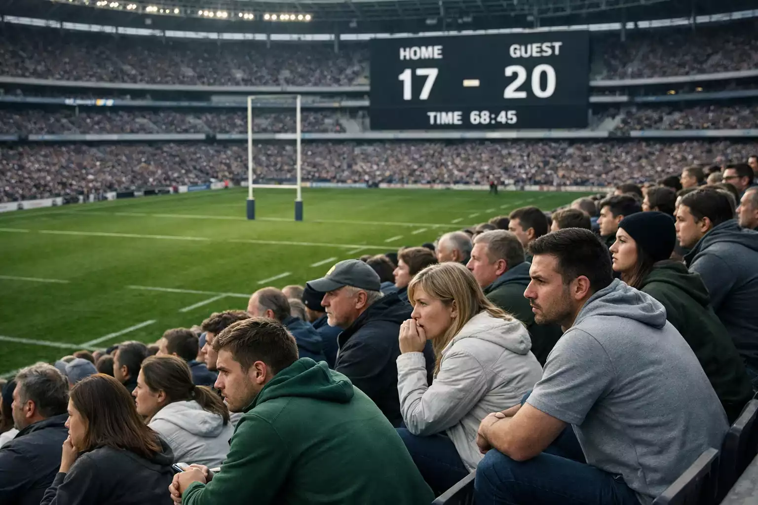 Crowd watching rugby match in stadium with scoreboard visible