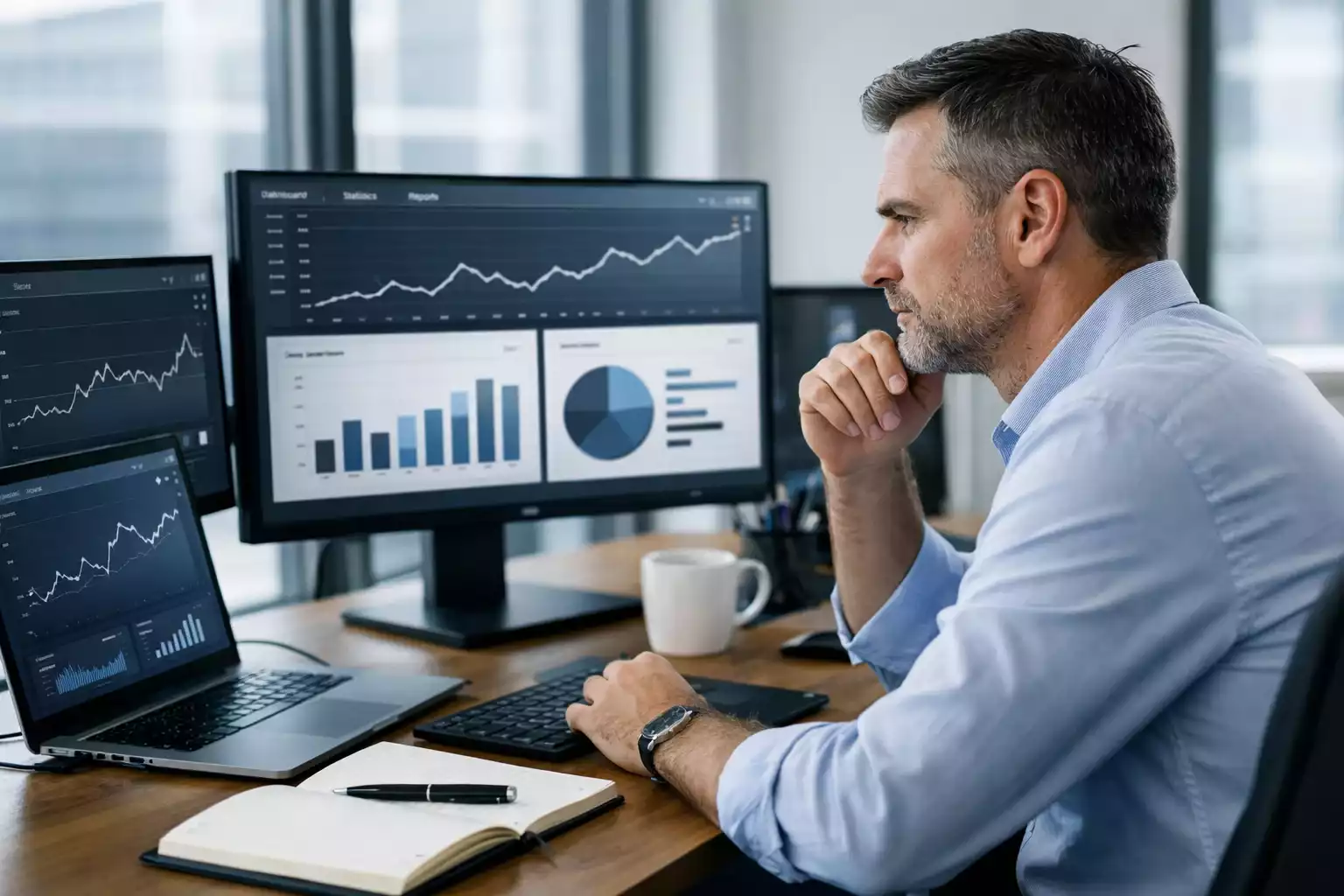 Sports betting analyst reviewing odds on multiple screens
