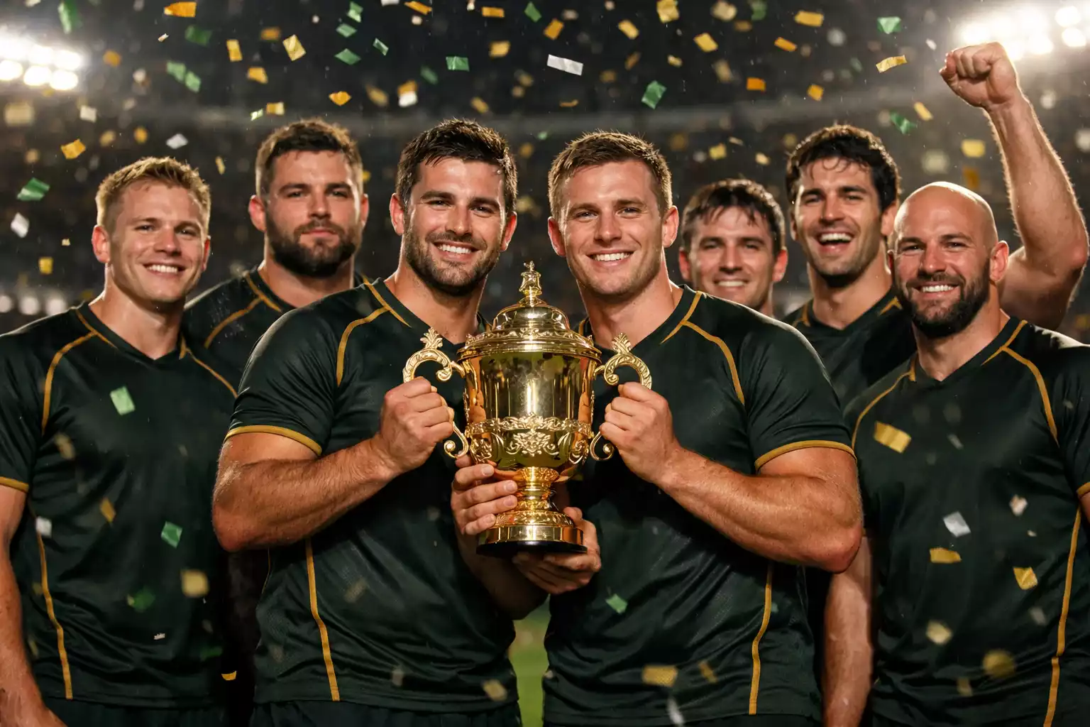 Rugby team celebrating with the Webb Ellis Cup trophy