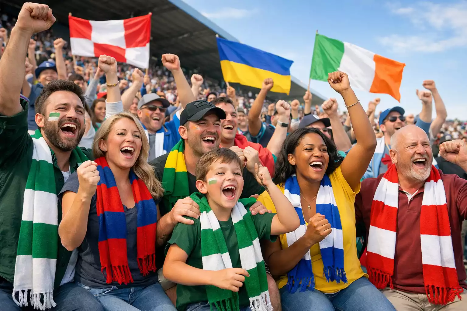 Rugby fans celebrating in stadium with national flags