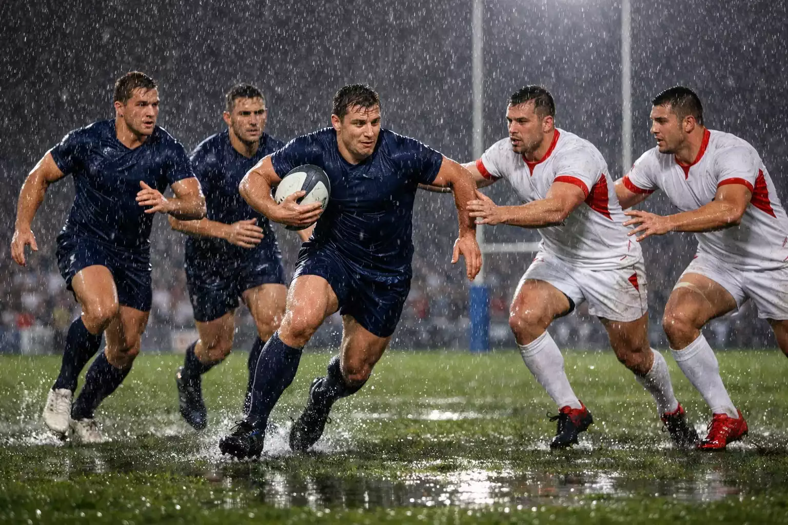 Rugby match between two national teams on wet grass pitch