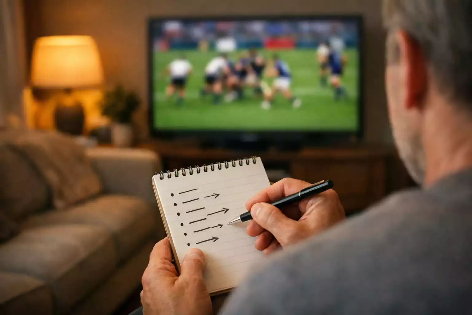 Person taking notes while watching rugby match on television
