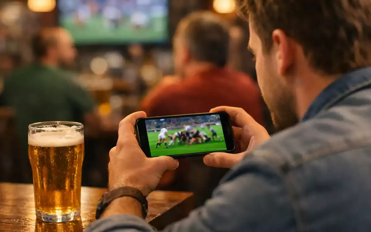 Rugby fan watching live match on smartphone at sports bar