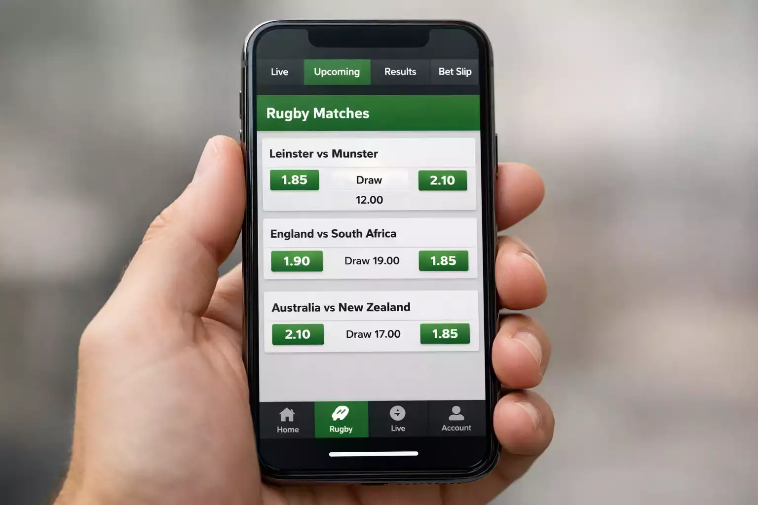 Modern betting app interface on mobile device showing rugby markets