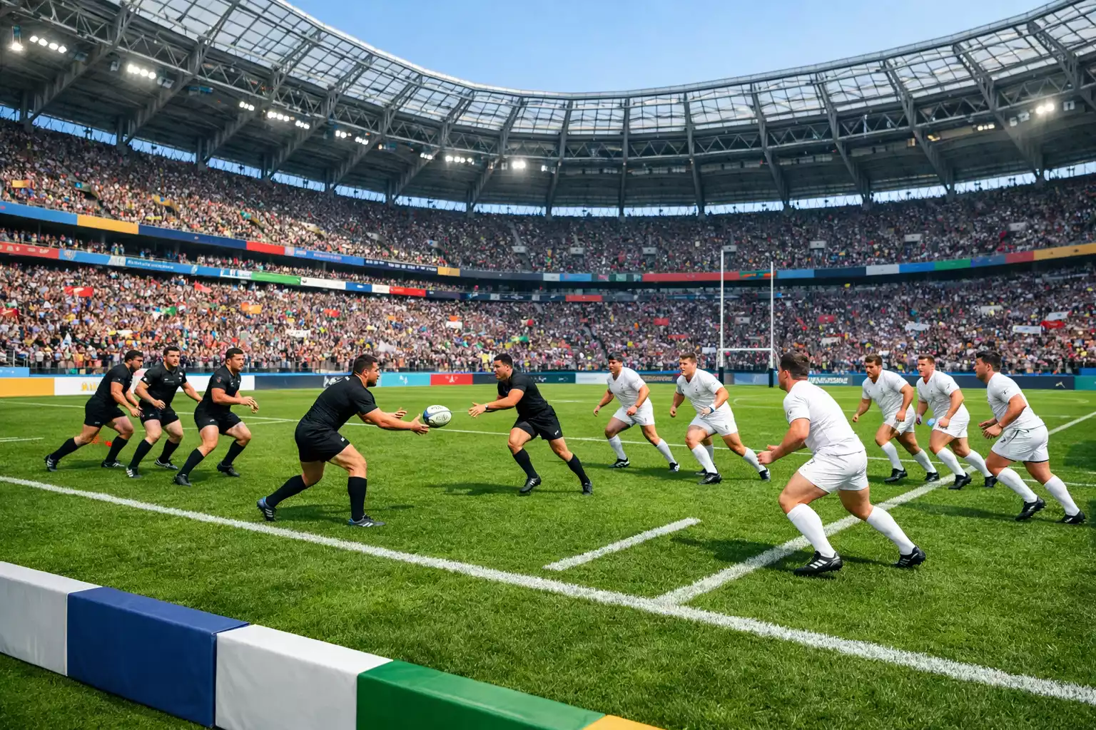 Rugby teams competing in pool stage match at packed stadium
