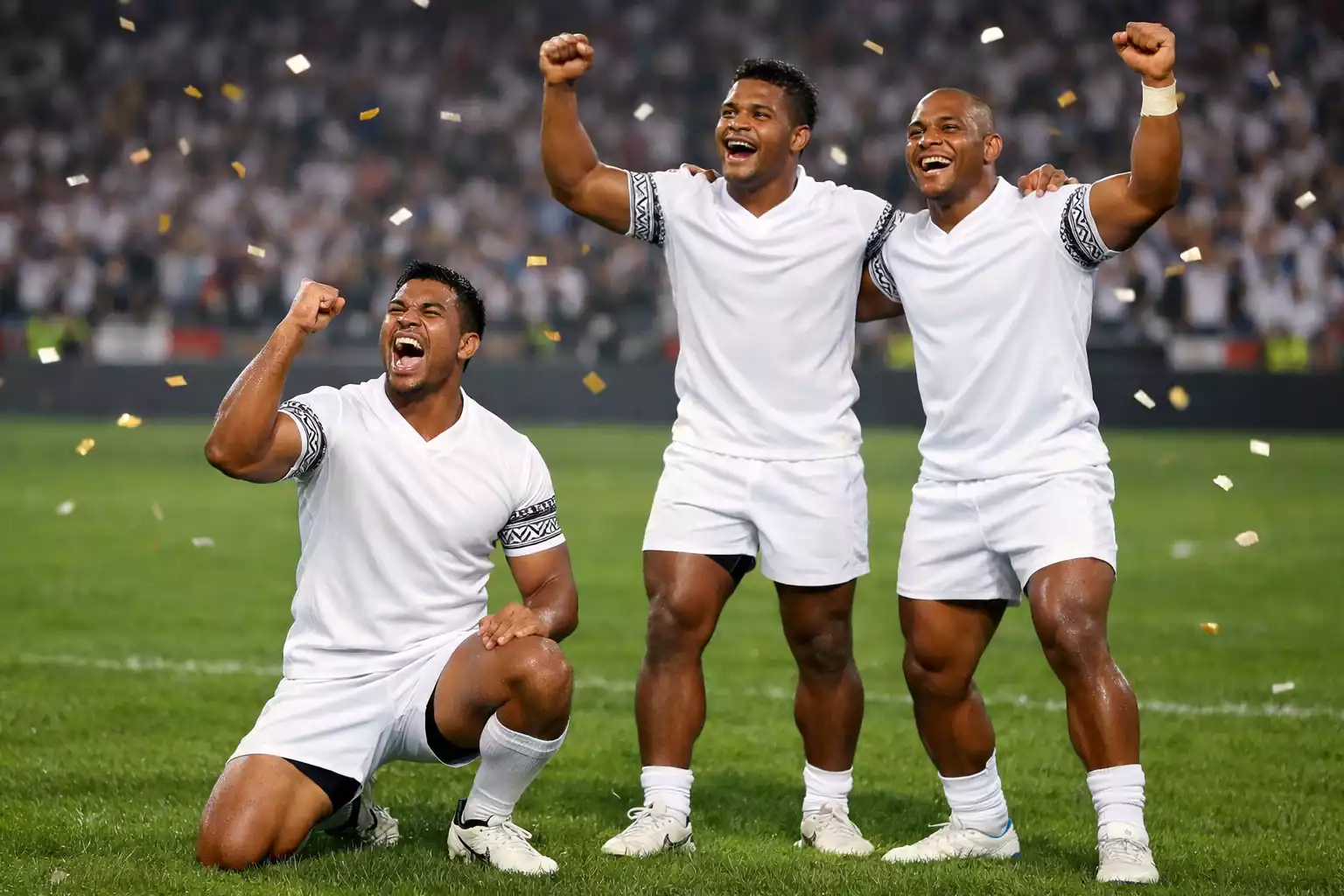 Fiji rugby players celebrating unexpected victory on the field