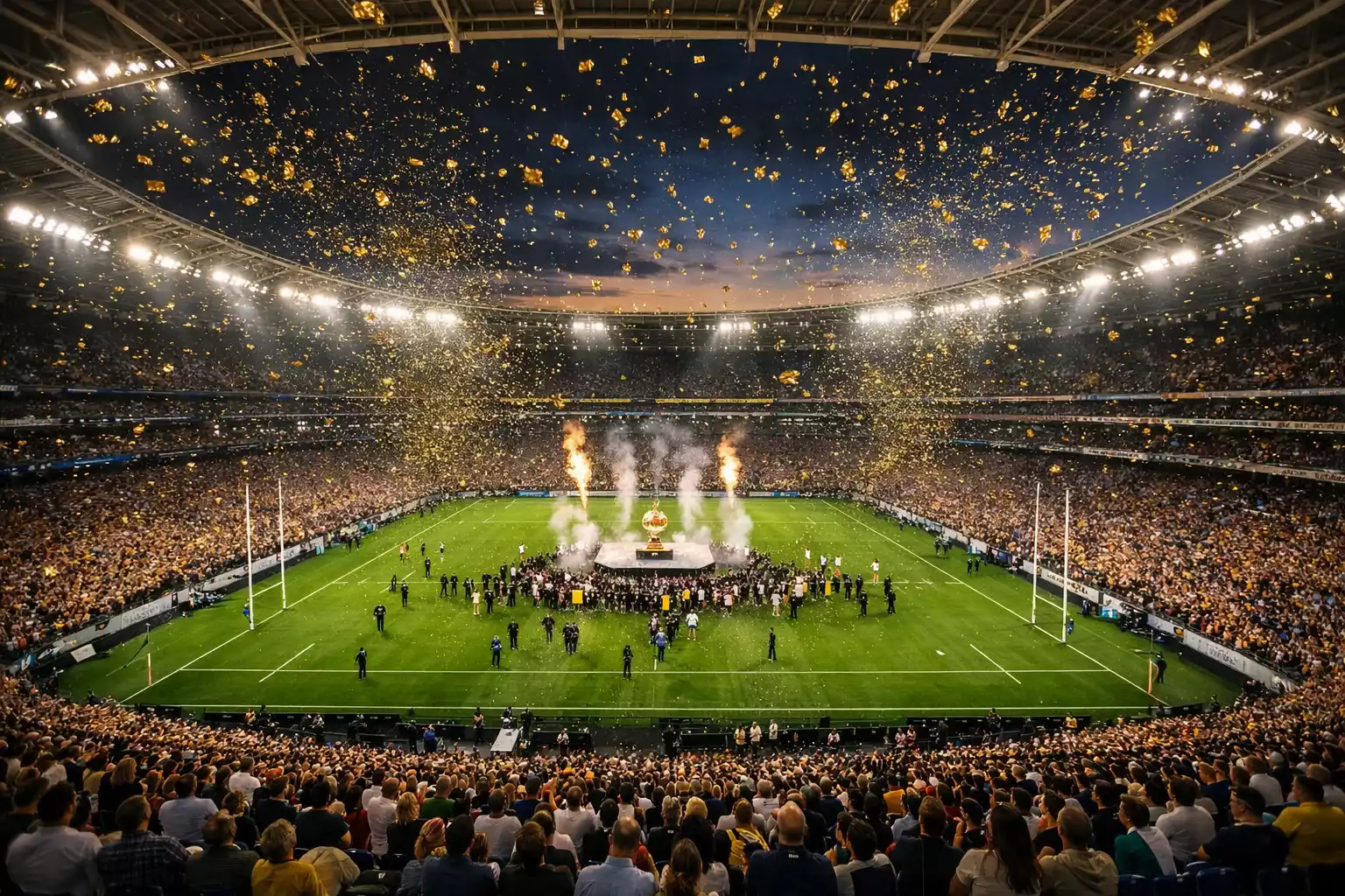 Panoramic view of Rugby World Cup final with cheering crowd