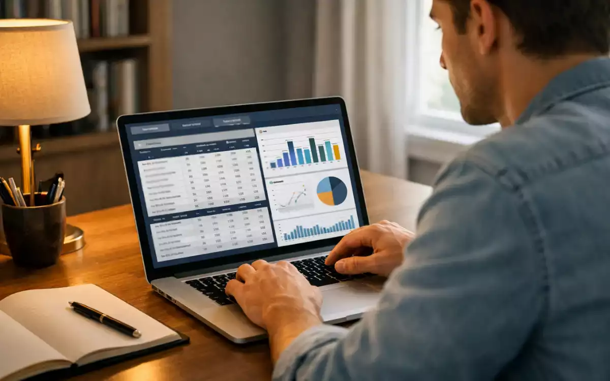 Person using laptop at home to research sports betting information