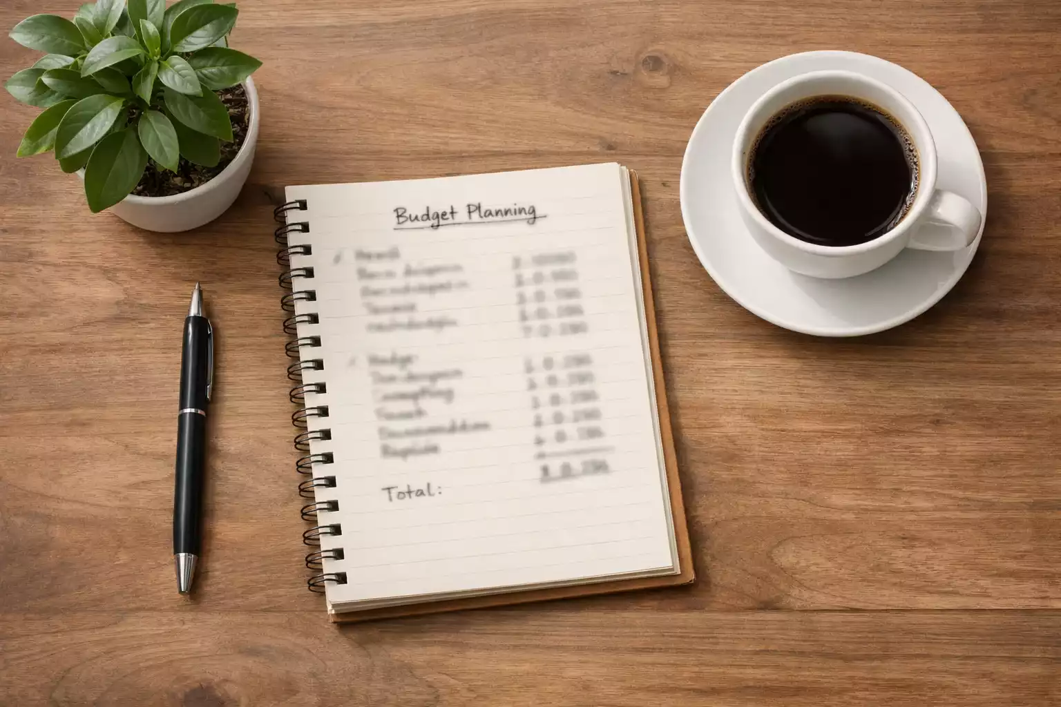 Notebook with budget planning and pen on wooden desk