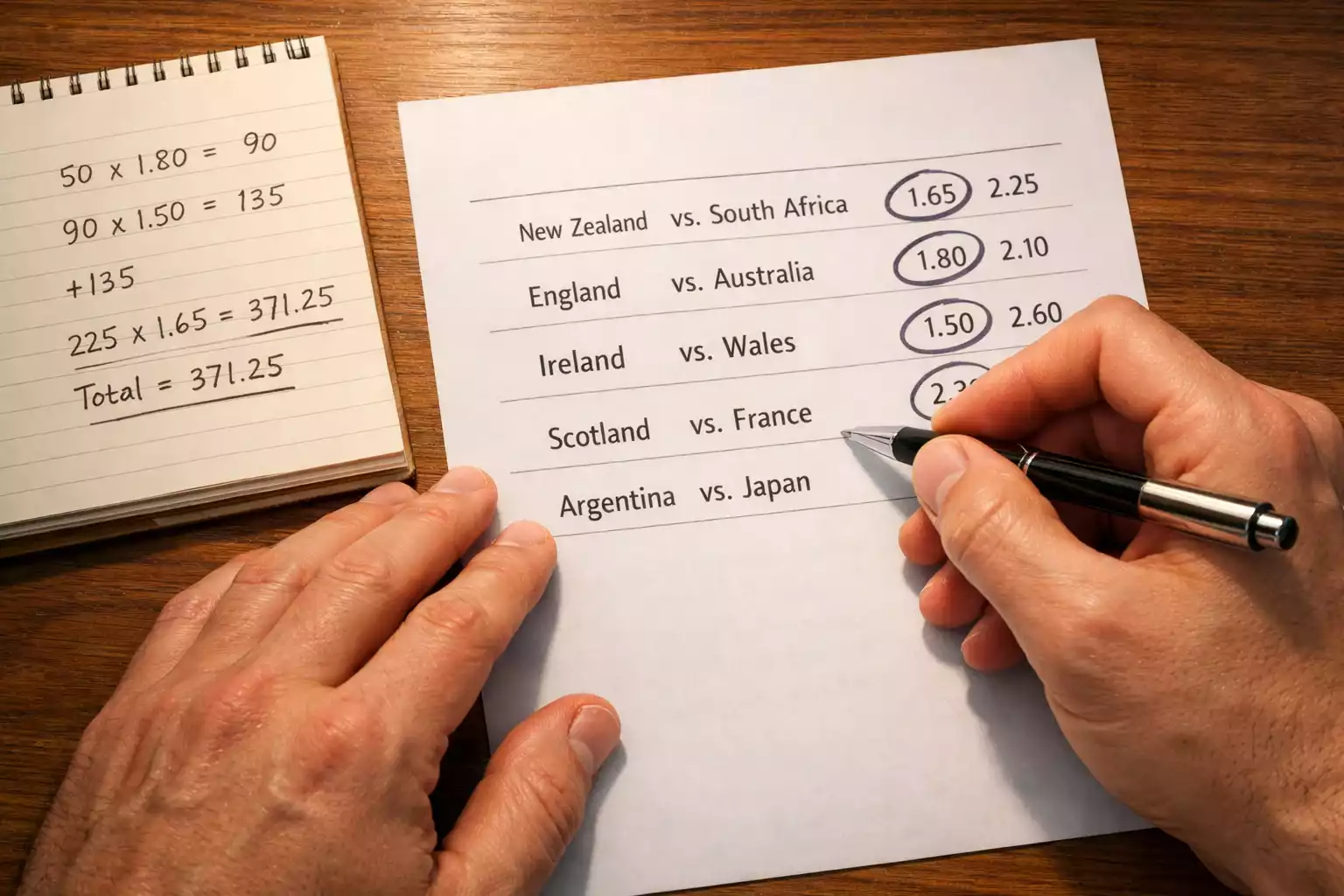 Person analyzing rugby betting odds on paper with a pen highlighting multiple match selections