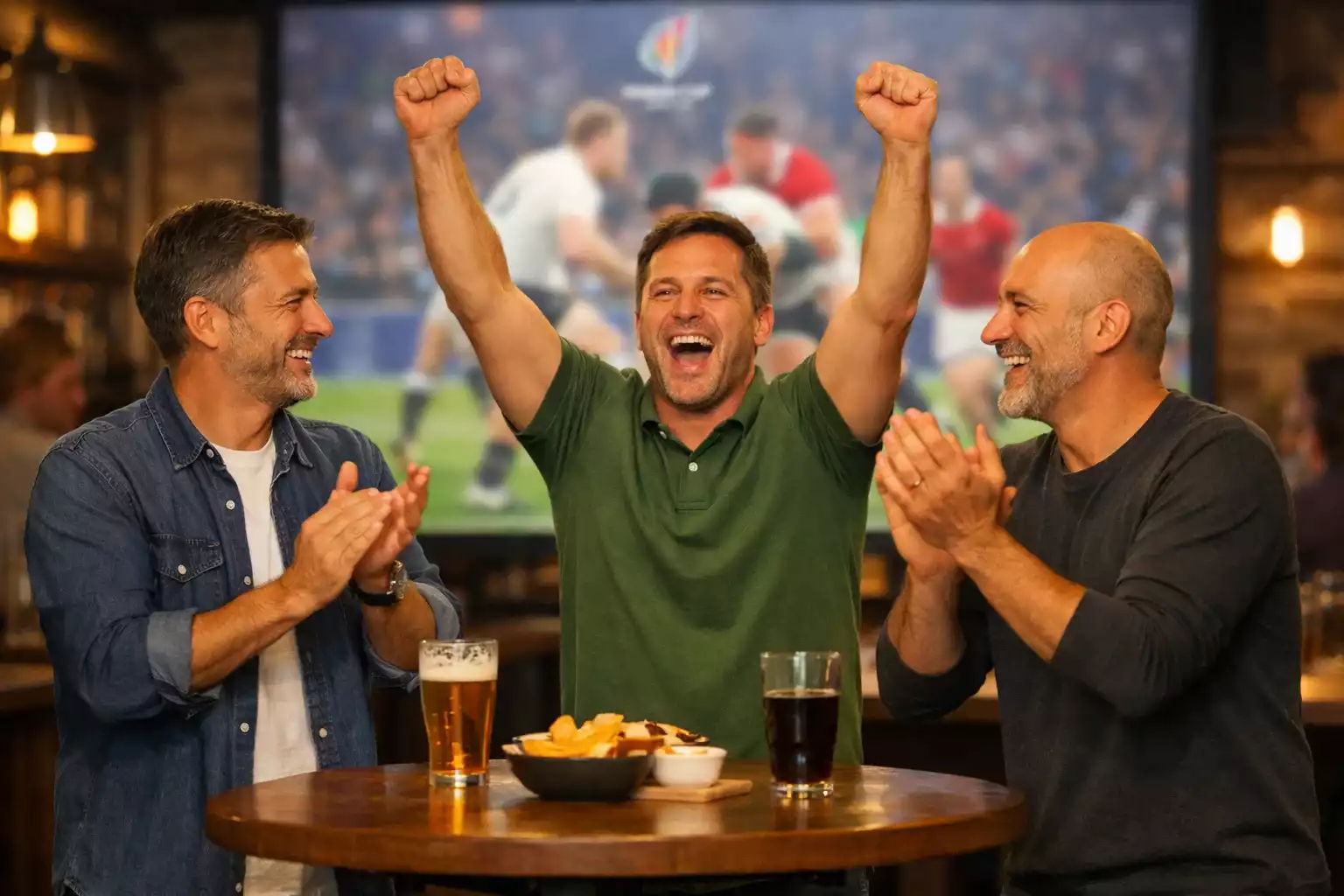 Confident rugby fan celebrating in a sports bar with friends watching World Cup match