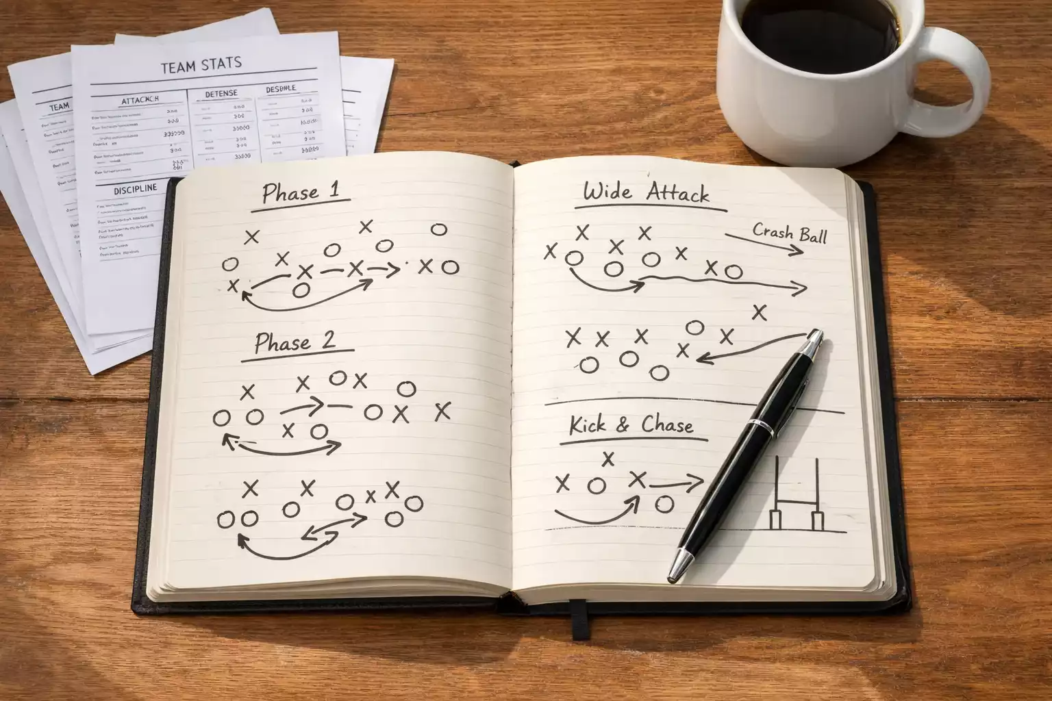 Bettor reviewing rugby match statistics and handicap options on a notebook with team formations