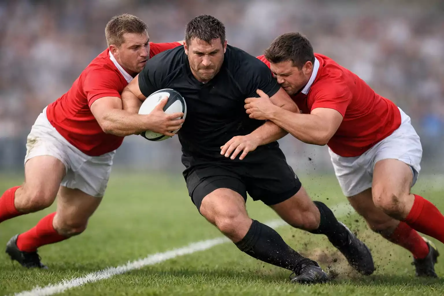 Rugby match action with player carrying ball through defensive line