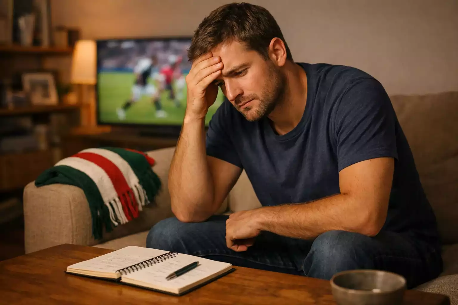 Frustrated sports fan watching rugby match on TV realizing a betting mistake with notepad nearby