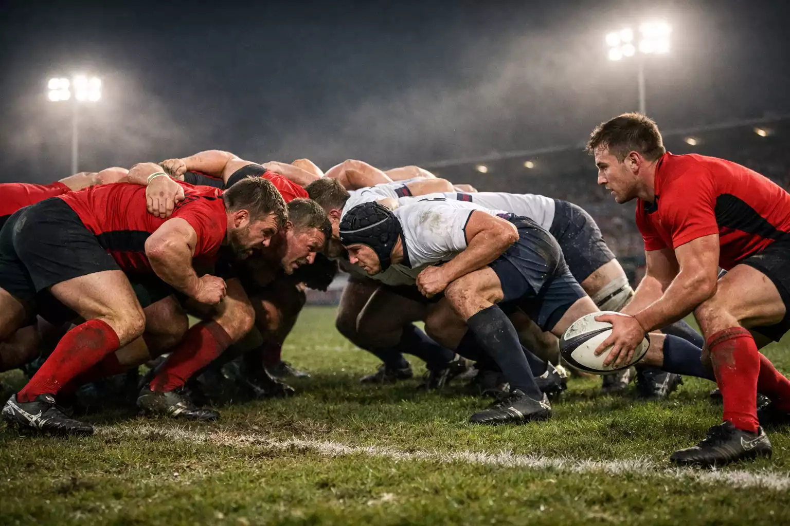 Rugby teams in scrum formation during international test match