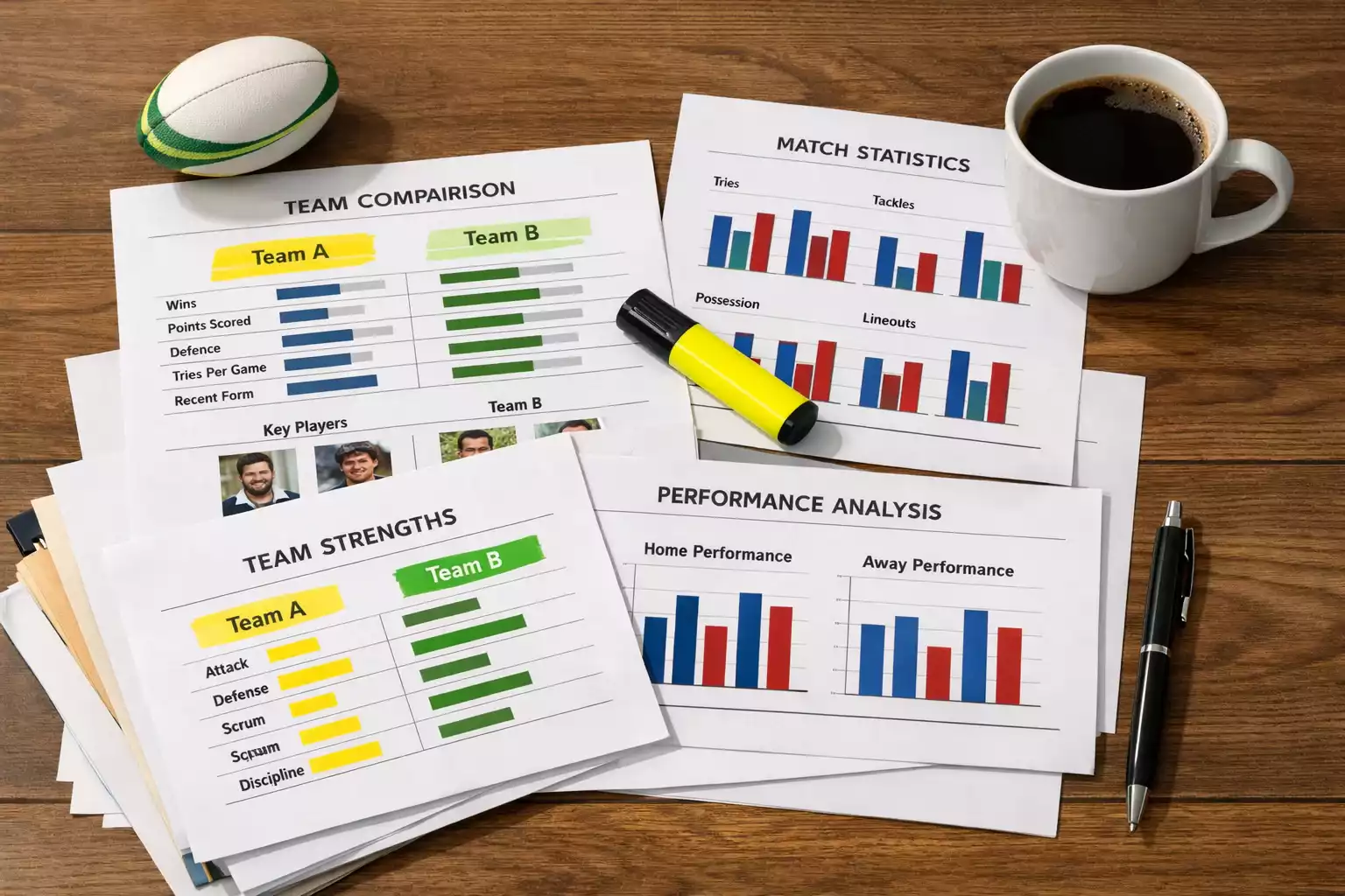 Rugby analyst comparing team performance charts for World Cup tournament planning on a desk